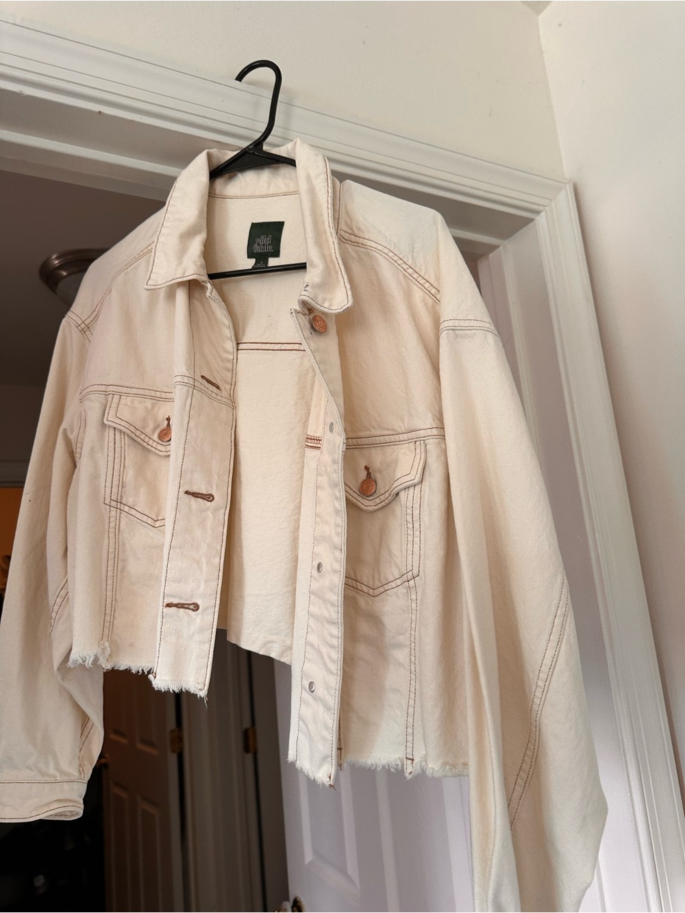 wild fable Cream Cropped Raw-Hem Denim Jacket